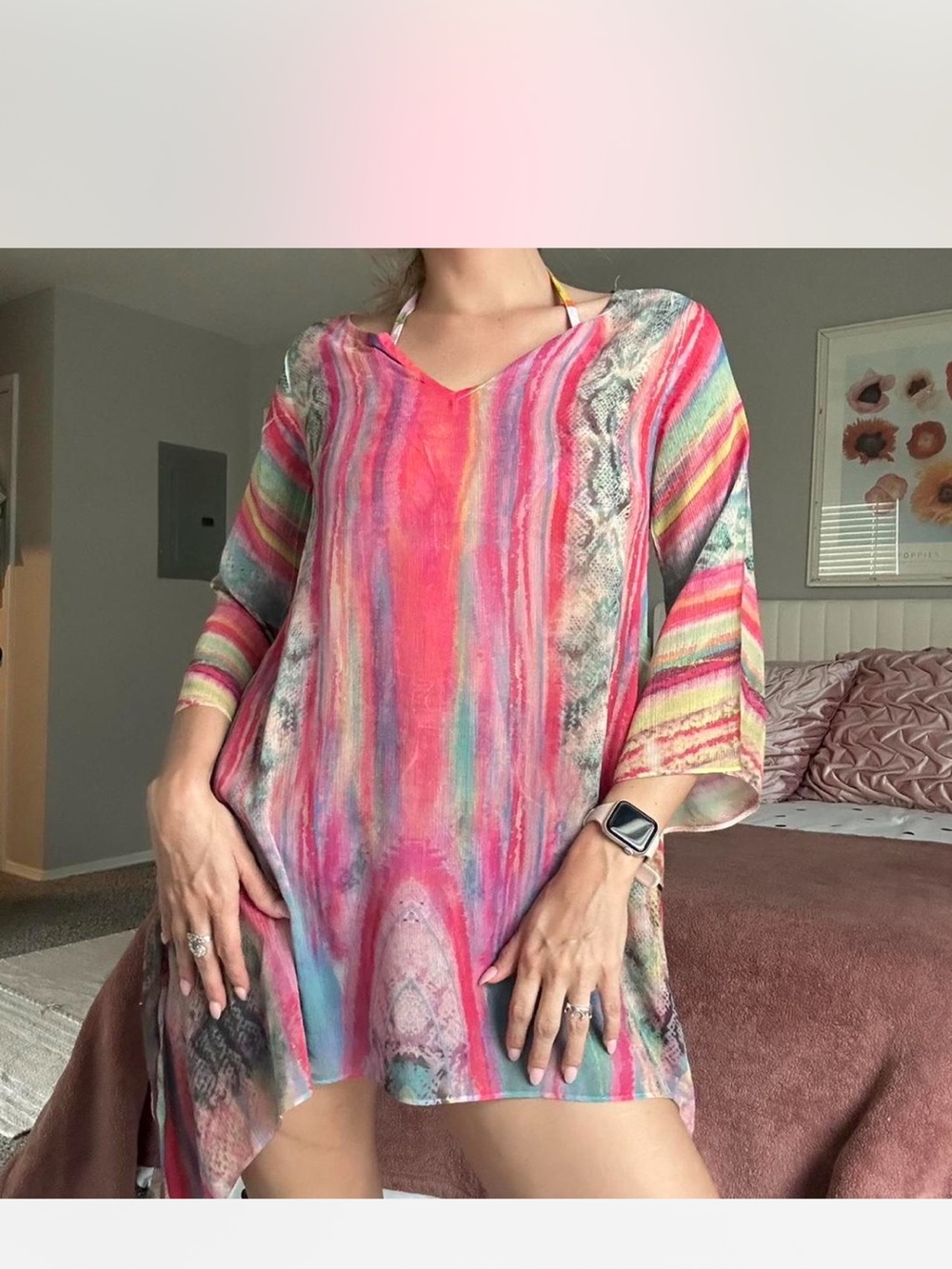 Mushbaby Sienna Rose sheer multicolored tunic/swim coverup with asymmetrical hem